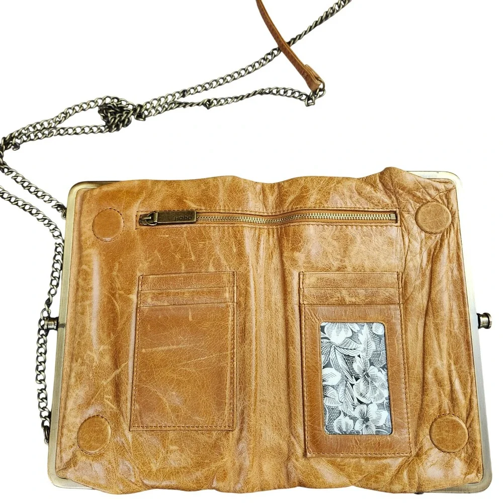 Hobo Lauren Double Frame Leather Wallet Clutch Crossbody Honey Tan Brass Chain